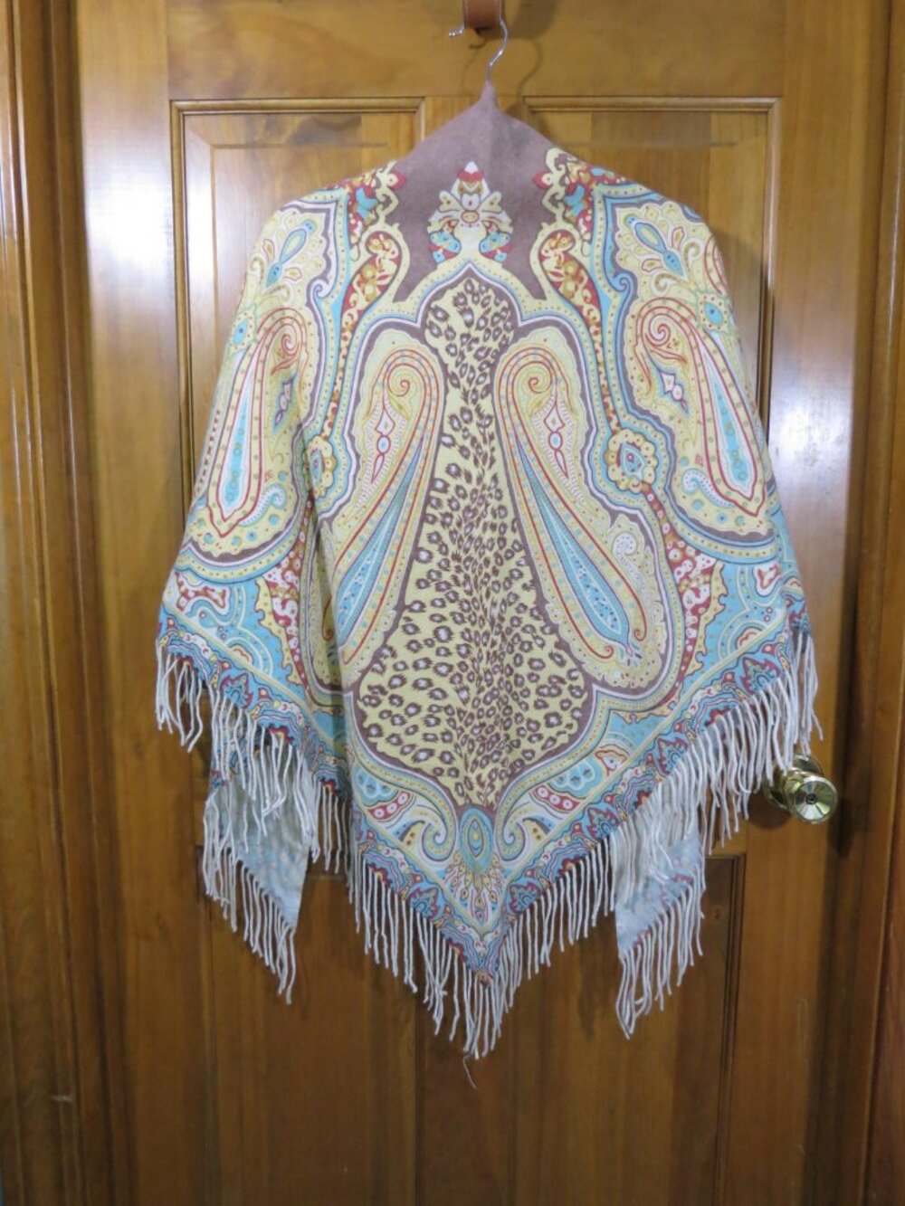 VTG Boho Paisley & Leopard Print Wool/Blend Fringe Shawl Wrap Scarf Triangle